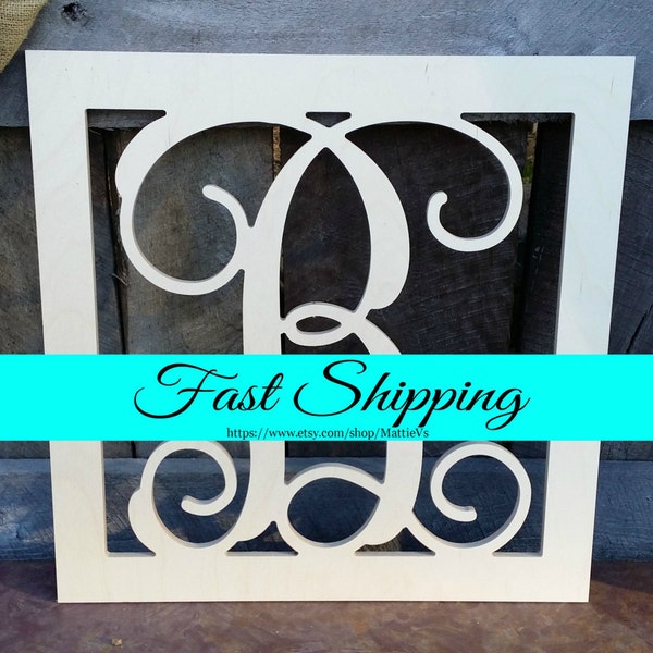 FREE SHIPPING - 24" Wooden Monogram - Unfinished Vine Script Letter in Connected Square Border Frame - Wedding Gift - Housewarming Gift