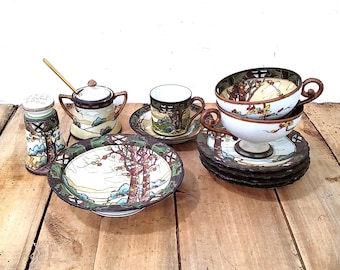 CHOICE antique Nippon Noritake Dark Woodland hand-painted dishes, morimura brothers, teacups, bowls, Moriage,