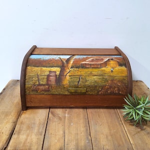 Handcrafted wooden breadbox, hand painted, bread bin, cottage kitchen, barn painting, rolltop