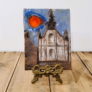R. Marek Art Pottery Tile, Hand-Painted Notre Dame Montreal, Mid Century Ceramic Wall Hanging