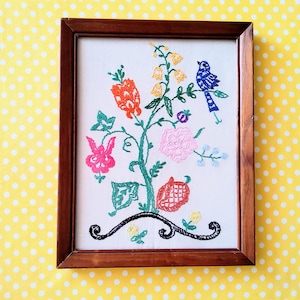 Vintage framed embroidery, crewel work, blue bird, floral embroidery, flower wall hanging, needlepoint, retro wall hanging,
