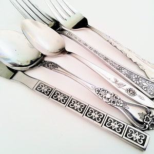 Mismatched flatware, 8 place setting, stainless steel, retro flatware, retro silverware, floral flatware, mid century flatware,