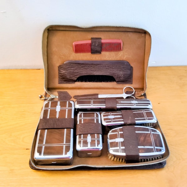 Art deco shaving kit, 1940's shaving kit, leather, inlayed, grooming kit, toiletries kit, gift for man, retro man, bakelite
