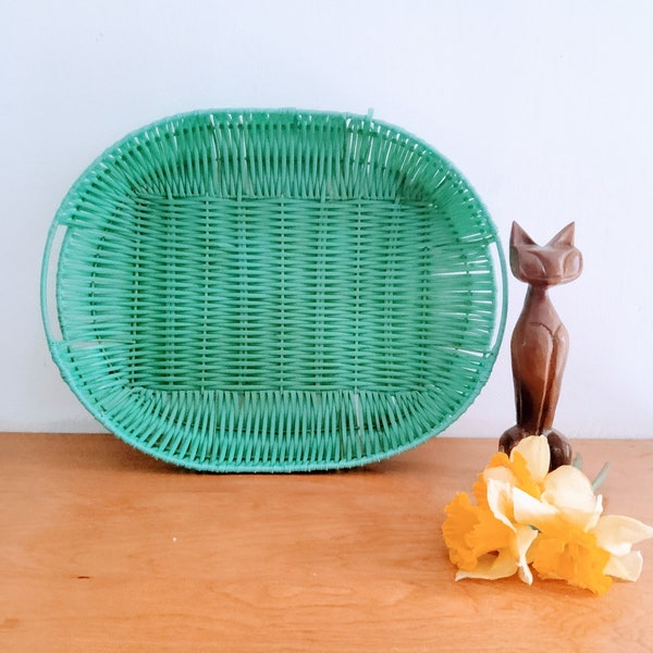 Vintage Plastic Aqua woven basket, green basket, mint green, blue basket, 1950's kitchen, glamping, large serving basket, basket with handle