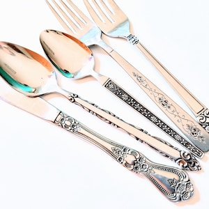 Mismatched flatware, 6 place setting, 6C, stainless steel, retro flatware, retro silverware, floral flatware, mid century flatware,