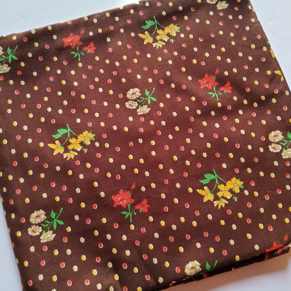 1.5 yards retro fabric, floral, brown fabric, kitsch fabric, polka dots, flower power, quilting weight, all cotton, daisies