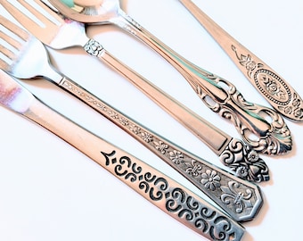 Mismatched stainless steel flatware, 4 placesettings, retro flatware, remixed, floral flatware, mid century, 20 piece
