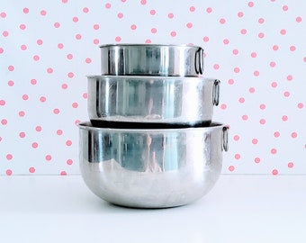 Vintage stainless steel mixing bowl set, stainless steel nesting bowls, tabbed mixing bowls