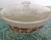 Glasbake mushroom casserole with lid, round casserole, magic mushroom