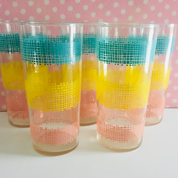 5 NEW Retro glasses, atomic glasses , drinking glasses, 1950's glasses, pastel glasses, aqua glasses, pink retro kitchen, 1950s kitchen