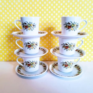6 Rare Spice of Life Centura mugs and saucers, pyroceram, ceramic, cups, 1970&#39;s, retro, vegetable and mushroom, spice o life