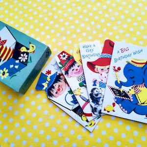 Vintage verjaardagskaarten, kinderverjaardagskaarten, kinderverjaardagskaarten, NOS-kaarten, connect the dots, kitschkaarten, circuskaarten