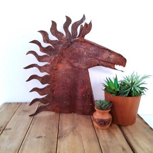 Vintage Brutalist horse head scupture, southwest decor, aged metal, hand crafted, rustic