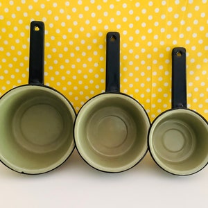 Vintage enamel pans, enamelware pots, olive green pans, lot of pans, 1970&#39;s pans, cookware, green and black, retro cookware