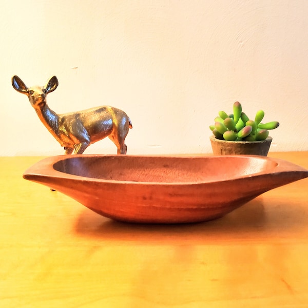 Hand carved wooden bowl, oblong bowl, mid century bowl, MCM, small bowl, display bowl, fruit bowl, dark wood, walnut