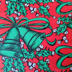 May include: Red wrapping paper with a repeating pattern of green holly leaves, white berries, and green bells with black outlines and red bows.