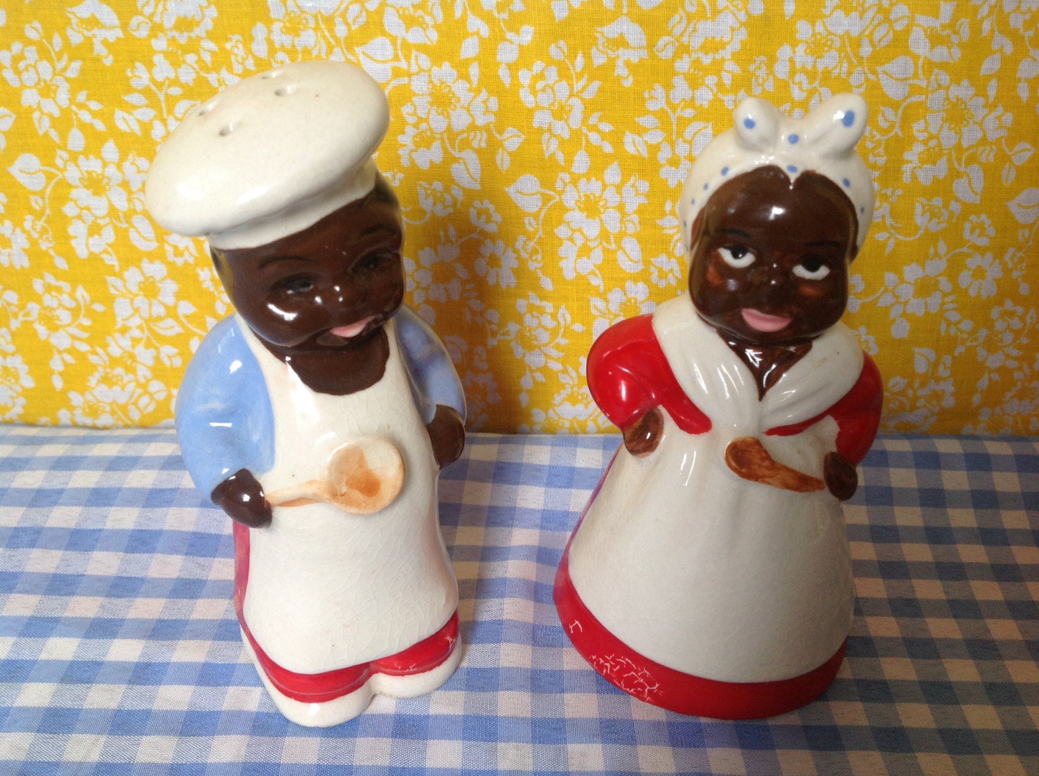 Black Americana salt and pepper shakers, mammy and pappy, porcelain, japan,  empress, Aunt Jemima Uncle Moses
