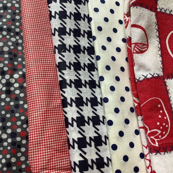 2 yards Feedsack fabric lot, navy blue fabric, red fabric, quilting squares, red and blue fabric, retro fabric, geometric fabric