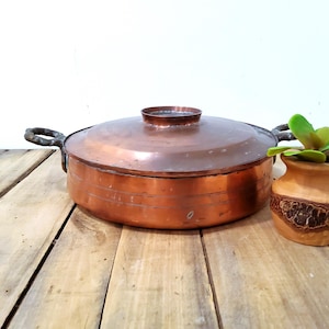 May include: A copper cooking pot with a lid, featuring two handles and a small decorative pot with a green plant. The pot is on a wooden surface.