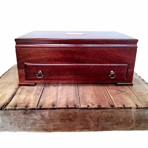 Large Mahogany flatware case, tarnish resistant, solid wood, with drawer, brass knobs, silverware holder