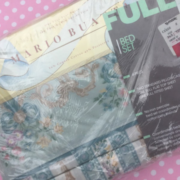 NEW full sheet set, NOS sheets, Mario Buatta, double sheet set, teal sheets, floral sheets, ruffled sheets, cotton sheets, vintage sheets