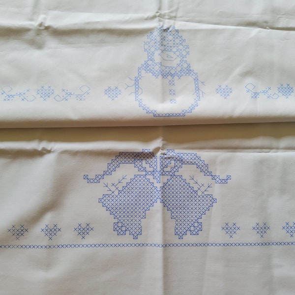 2 cross stitch pillowcase kits, stamped pillowcases, Christmas, holidays, snowman, bells, unfinished, cross stitch kit