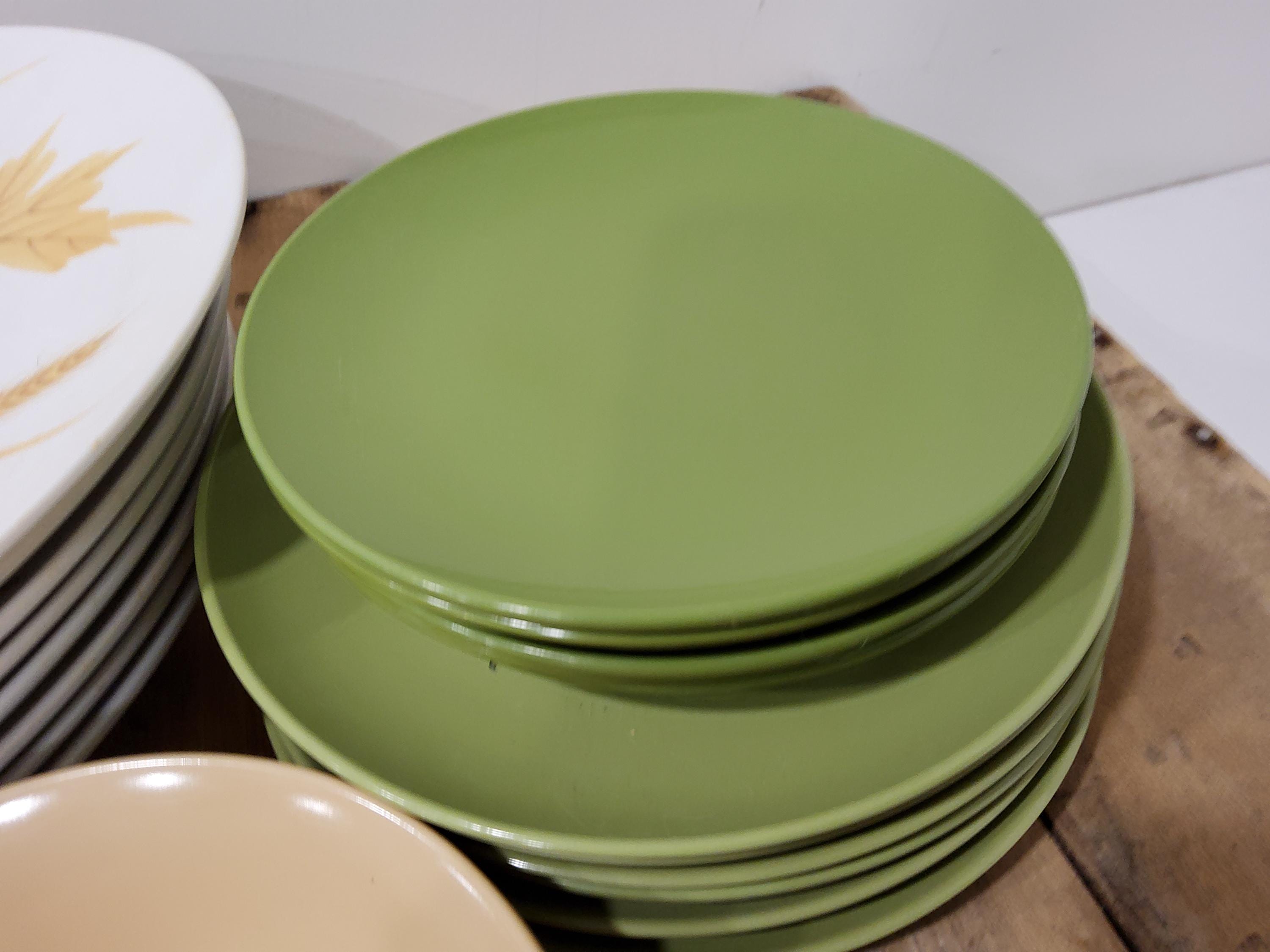 Green Melmac Dishes, 30 Piece Set, Yellow Leaves, Avocado Green