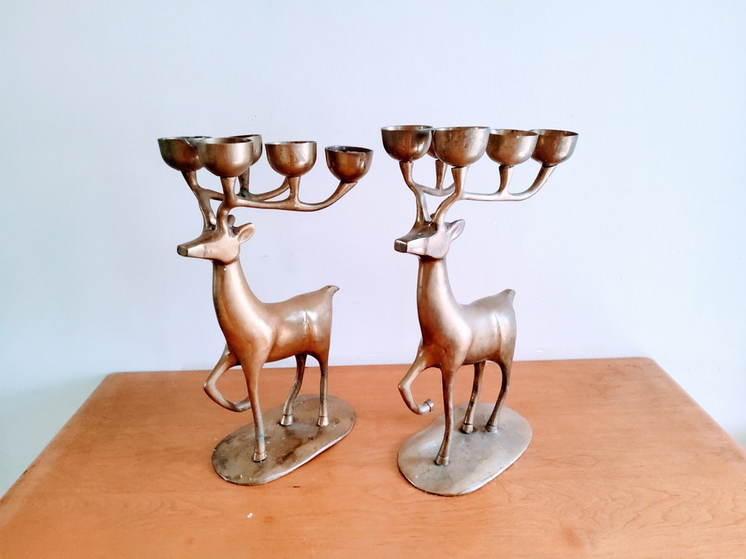 Pair of Large Brass Deer Candle Holder, Brass Reindeer, Votive Holder