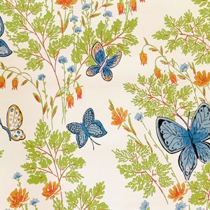 Vintage Butterfly wallpaper, roll of wallpaper, blue wallpaper, blue and orange, flower power, groovy wallpaper, 1970's wallpaper