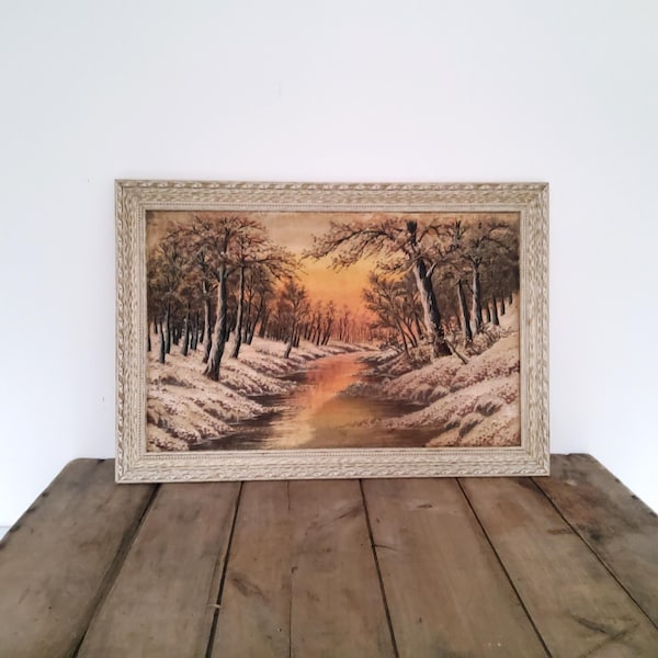 Vintage Asian Silk Embroidery Wall Art, Framed Winter River Scene