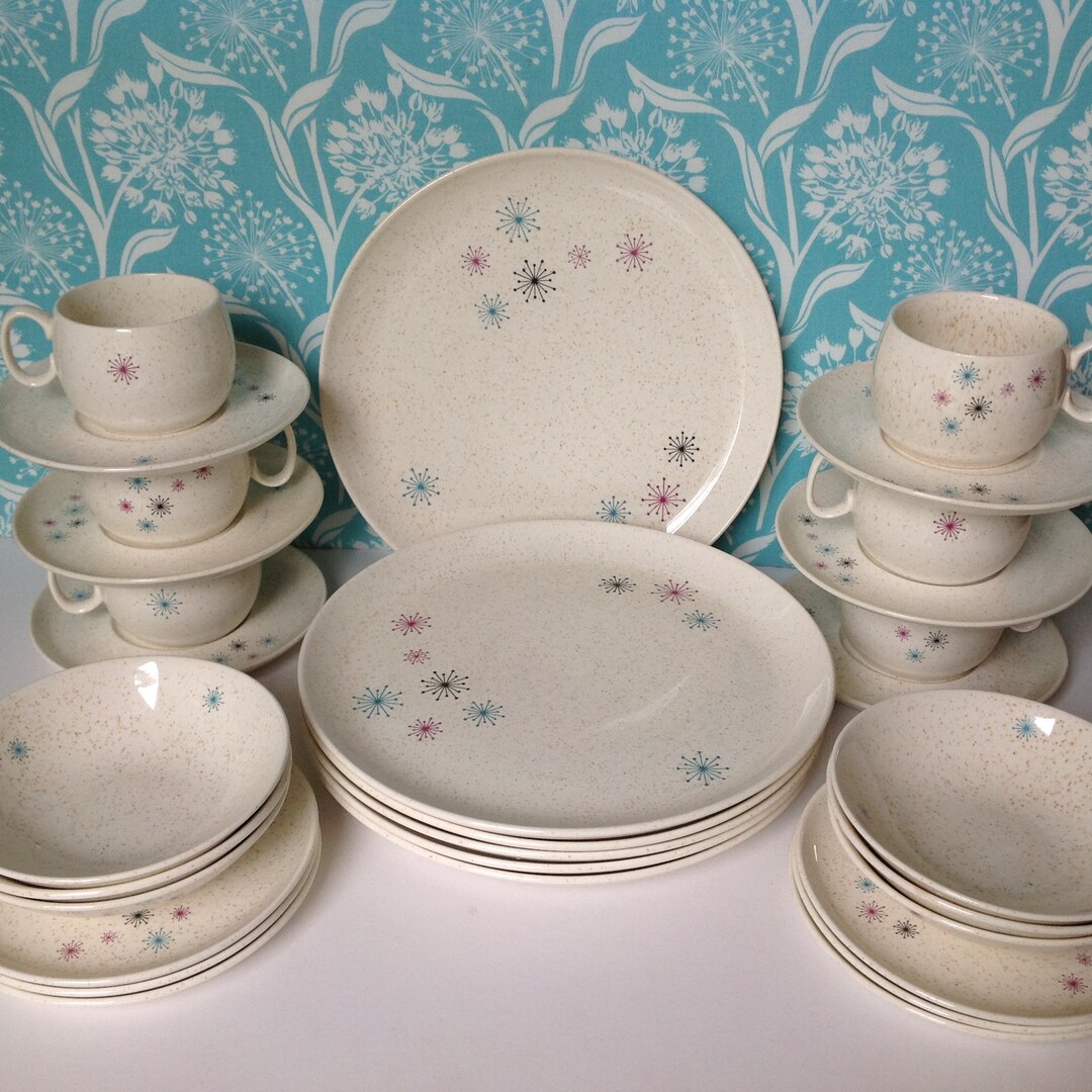 7 W. S. Saucers, Celeste Dinnerware, Starburst Plates, Aqua