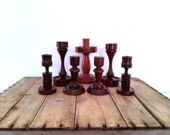 7 wooden candlestick holders, dark wood candle holders, walnut, boho wedding, mismatched, remixed