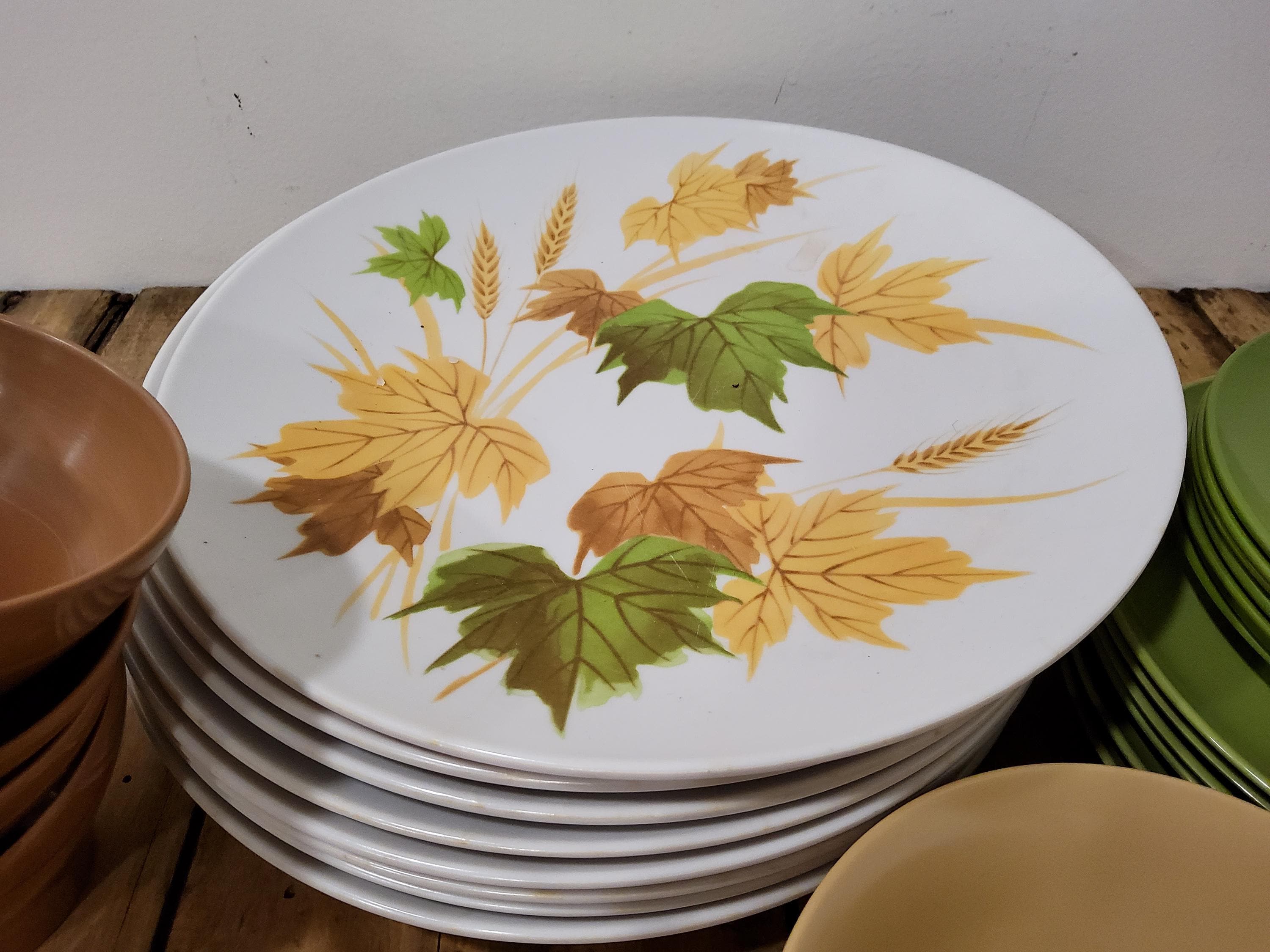 Green Melmac Dishes, 30 Piece Set, Yellow Leaves, Avocado Green