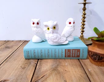 May include: Three white ceramic owl figurines with red and yellow eyes are displayed on a light blue book. The owls have detailed feather textures. The book has gold lettering and is on a wooden surface.