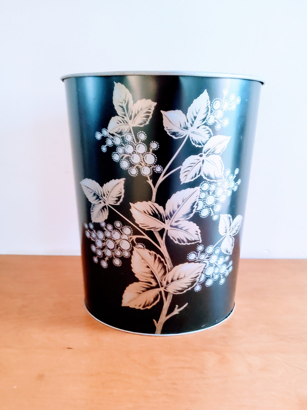 Vintage Metal Trash Can Black Metal Waste Basket Flowers Etsy