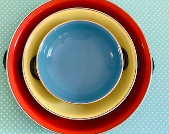 Set of 3 enamel pans, mid century, primary colors, red blue yellow, yugoslavia