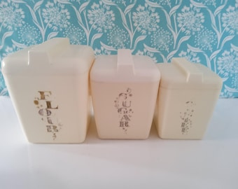 Set of 3 retro canisters, cream canisters, white canisters, iconography, coffee flour, sugar, hard plastic canisters, gold