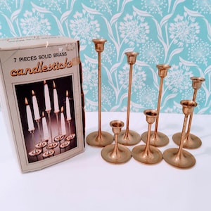 7 brass candlesticks, graduated brass candlesticks, brass candle holders, large lot brass candle holders, vintage wedding