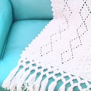 Vintage off white afghan, boho afghan,  off white blanket, handmade, crocheted, fringe,