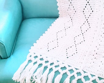 Vintage off white afghan, boho afghan,  off white blanket, handmade, crocheted, fringe,