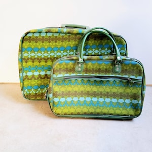 2 flower power suitcases, retro suitcase, aqua suitcase, retro luggage, green suitcase, fabric, overnight bag, small suitcase