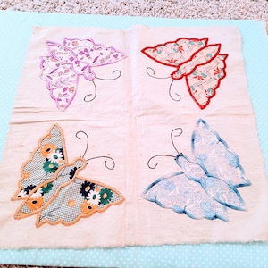 9 Embroidered quilt blocks, appliqued quilt squares, retro quilt blocks, butterfly  embroidery, butterfly quilt, vintage quilt squares,