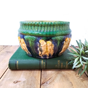 Antique Majolica Cherub Planter, Victorian Jewel Toned Blue Green Ceramic Jardinières