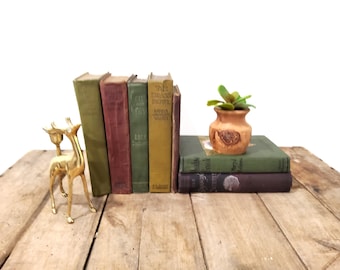 Antique Decorative Book Set, Red and Green, Shabby Chic Stack