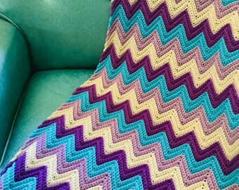 Purple afghan, purple and aqua afghan, purple blanket, purple chevron afghan, striped blanket, coverlet, small afghan