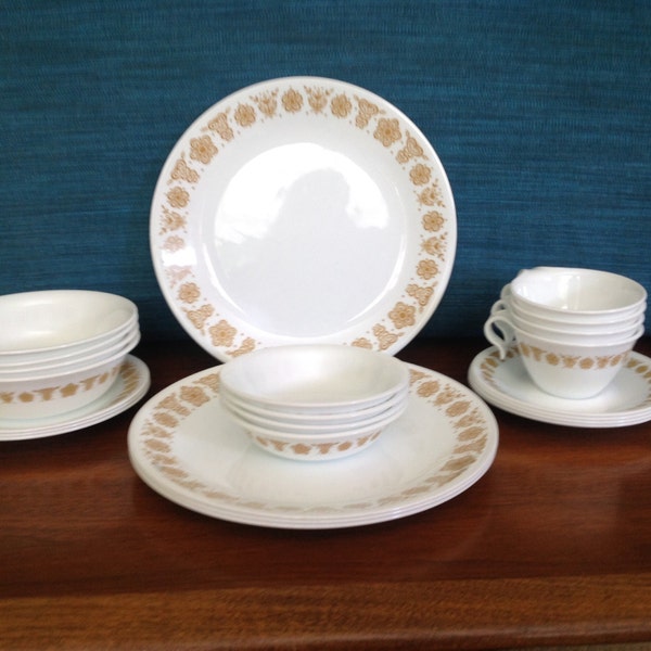 Corelle Butterfly Gold service for 4 (24 pieces total), gold butterflies, bowls, plates, cups, saucers, retro corelle