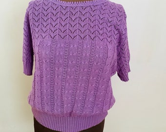 NEW vintage sweater, 70's sweater, purple sweater, short sleeved, cable knit, retro sweater, 1980's sweater, short sleeved sweater