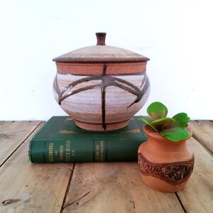 May include: A round ceramic lidded jar with a speckled beige and brown glaze featuring dark brown painted geometric lines, accompanied by a smaller terracotta-colored vase containing a small green plant, both resting on a green hardcover book.