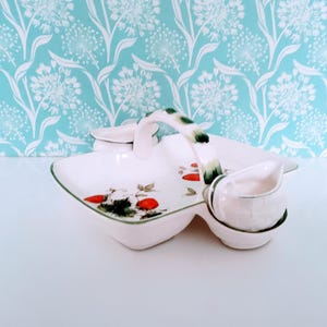 Shafford strawberry platter, sugar and creamer, strawberry collectible, ceramic, strawberry kitchen, strawberry decor, 1950&#39;s, made in Japan