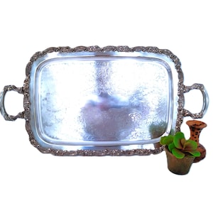 Ornate Silver Plated Serving Tray, footed tray, silver tray, ornate, engraved tray, heavy, victorian, 24 inch,antique serving tray